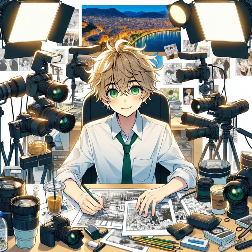 imagine in anime seraph of the end like look showing an anime boy with messy blond hair and green eyes working in palermo expo fotografen filmemacher agentur Palermo Expo Fotografen- & Filmemacher-Agentur
