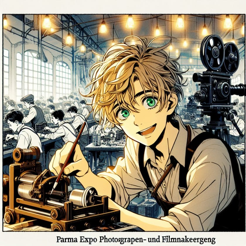 imagine in anime seraph of the end like look showing an anime boy with messy blond hair and green eyes working in parma expo fotografen und filmemacheragentur Parma Expo Fotografen- und Filmemacheragentur