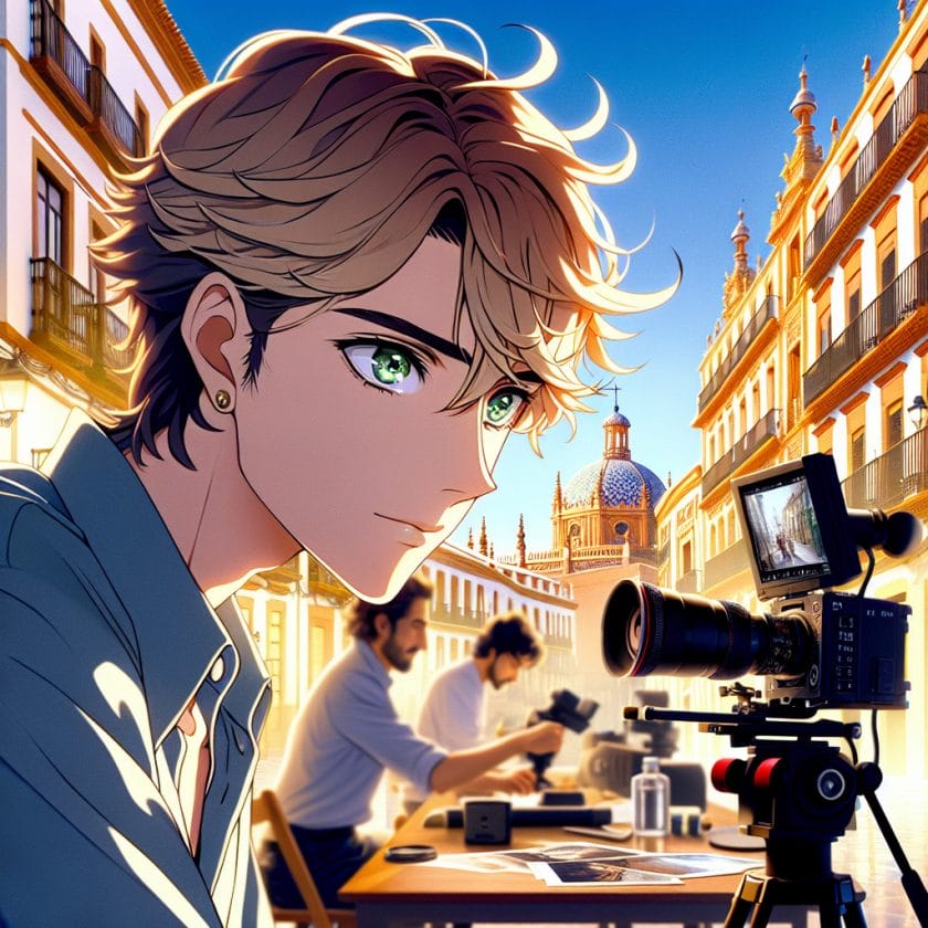 imagine in anime seraph of the end like look showing an anime boy with messy blond hair and green eyes working in sevilla expo fotografie filmemacher agentur Sevilla Expo Fotografie- & Filmemacher-Agentur
