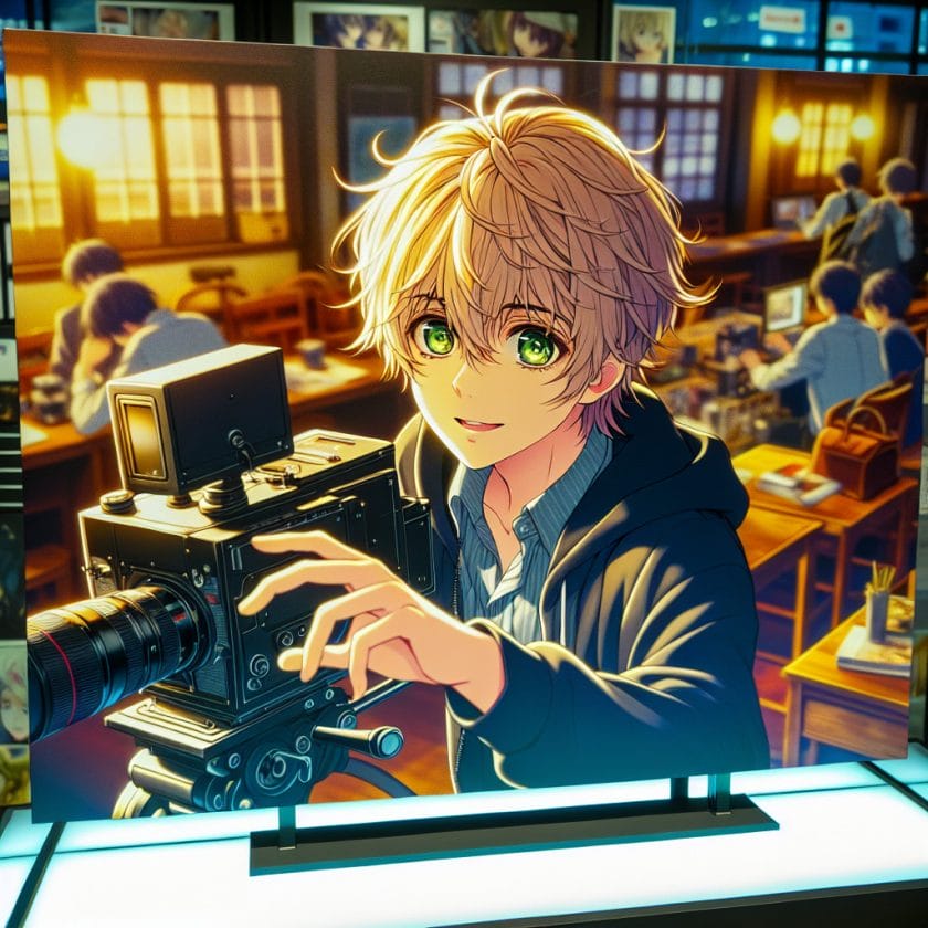 imagine in anime seraph of the end like look showing an anime boy with messy blond hair and green eyes working in wiesbaden messe fotografie und filmemacher agentur Wiesbaden Messe Fotografie- und Filmemacher-Agentur